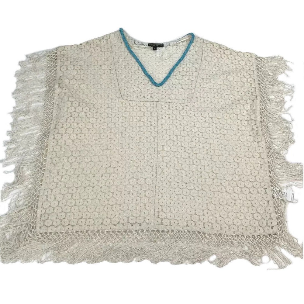 Alberto Makali Poncho Cape Womens Medium Ivory Cotton Fringe Lace Beaded V-Neck